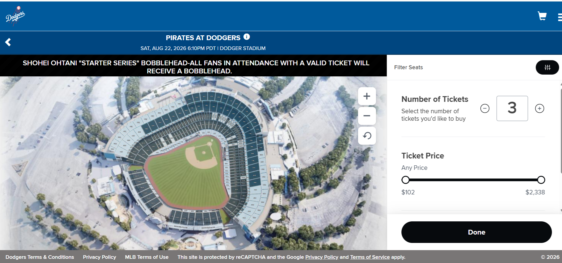 ロサンゼルスドジャース公式サイト（チケット購入）の座席を選択するページ