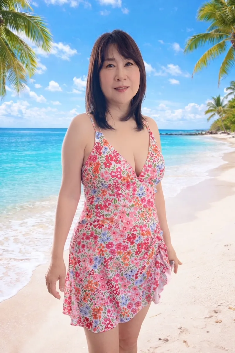 60代ハワイ旅行用体型カバー水着（ピンク花柄）着用写真